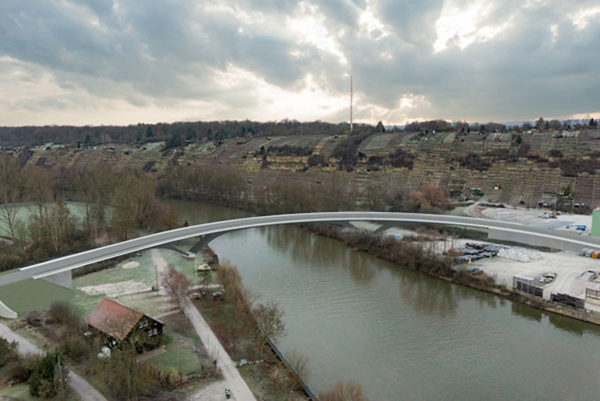 Die neue Brücke über den Neckar soll im April 2021 freigegeben werden.   (Foto:  Leonhardt, Andrä und Partner)